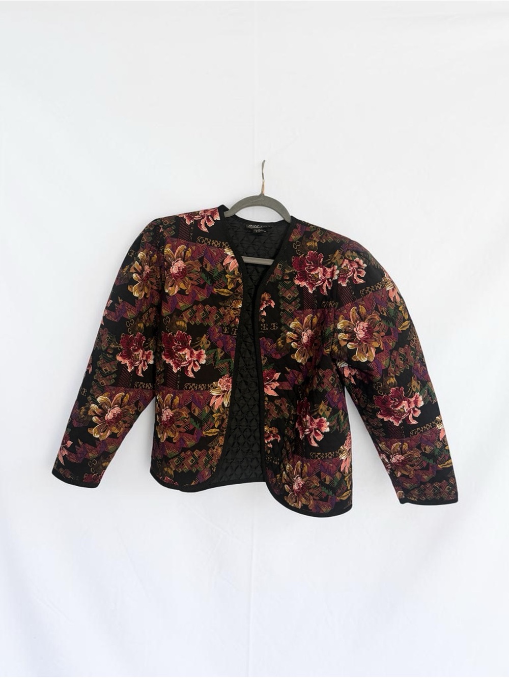 Floral Quilted Open-Front Jacket - Black with Burgundy & Gold Floral Print
